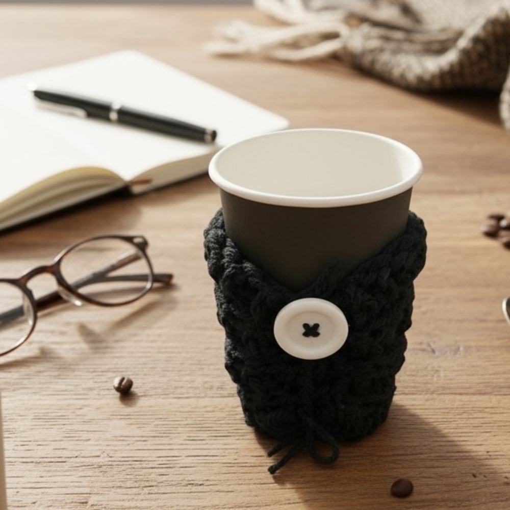 Handmade Black Crochet Cup Cozy with Button